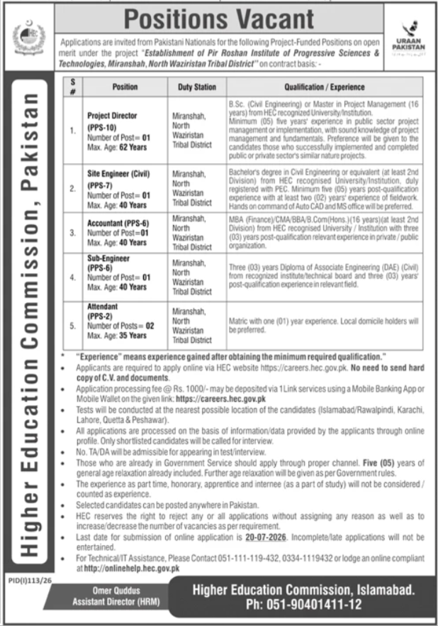 HEC Jobs At Higher Education Commission Pakistan 2026
