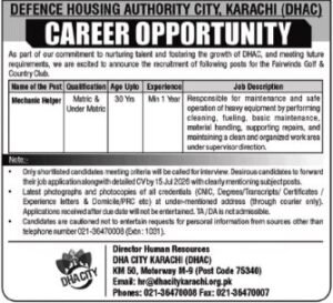 Job at Defence Housing Authority DHA Karachi 2026
