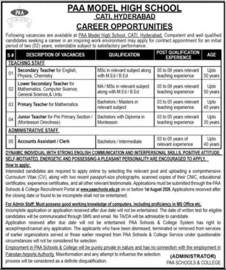 Jobs At PAA Model High School Hyderabad 2026