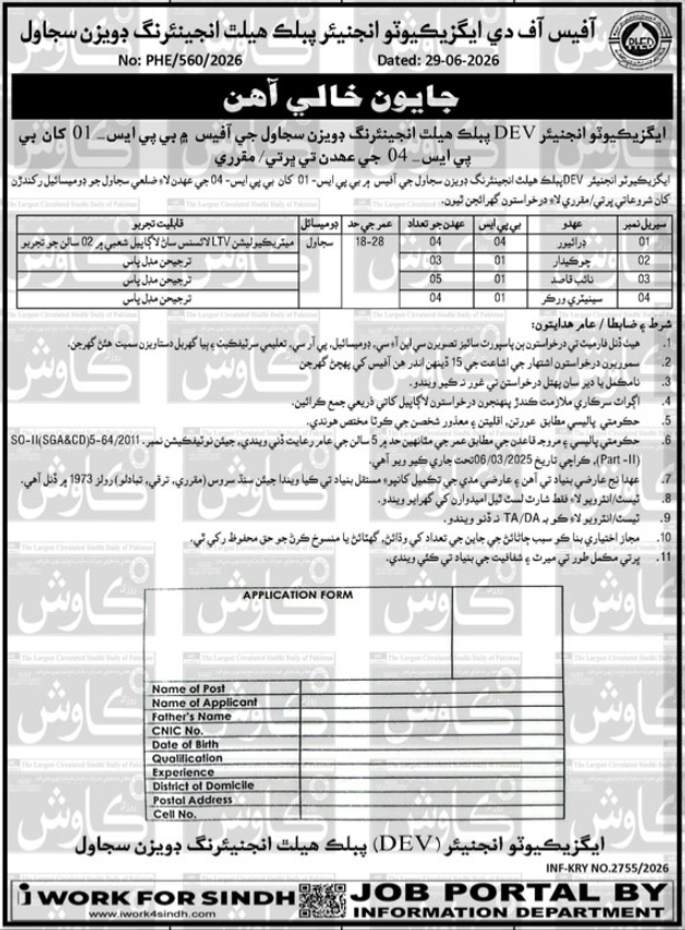Public Health Engineering Division Sindh Jobs 2026