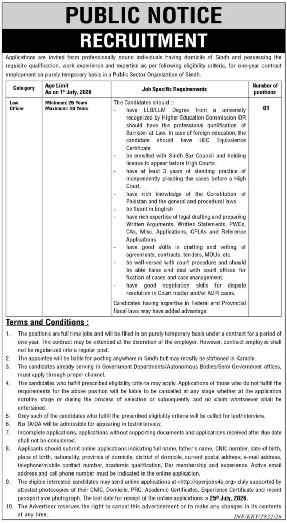 Public Sector Organization Jobs For All Sindh Holders 2026