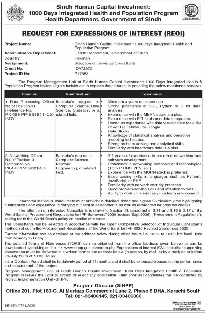 SIHPP 1000 Days Sindh Integrated Health Department Jobs 2026