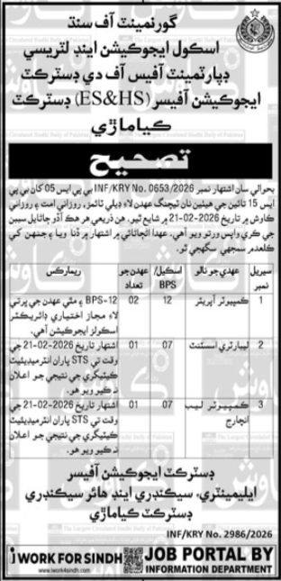 School Education Literacy Department Karachi Jobs 2026