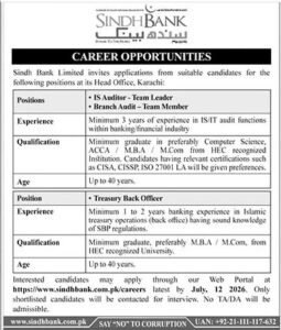 Sindh Bank Limited SBP Career Opportunities 2026
