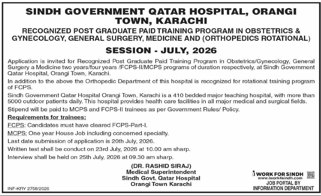 Sindh Government Qatar Hospital Paid Training Program in 2026