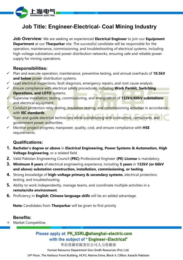 Sino Sindh Resources Limited Shanghai Thar Coal Jobs 2026