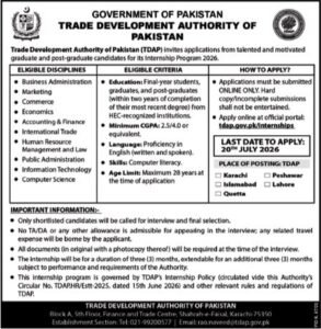 Trade Development Authority Of Pakistan Internship Program 2026