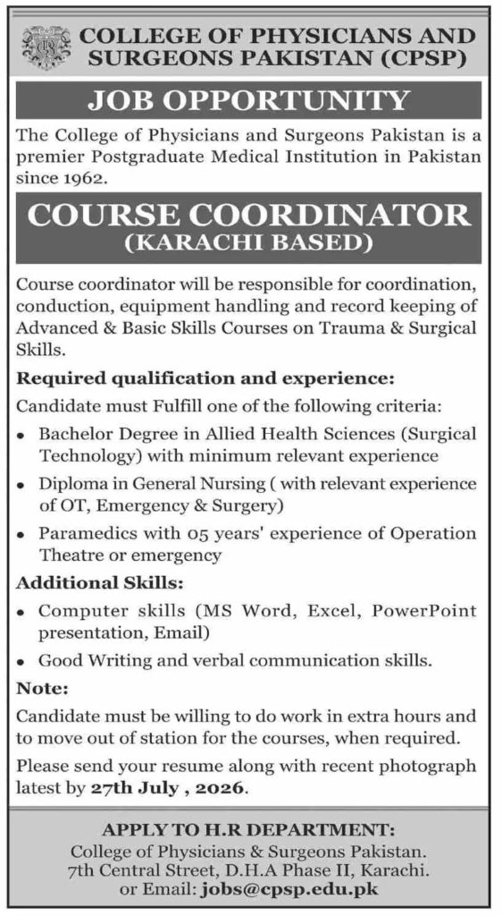 CPSP Jobs Best Elite Karachi Course Coordinator Role