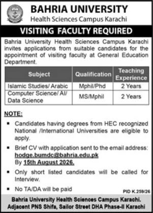 Bahria University Karachi Jobs Urgent Faculty Openings
