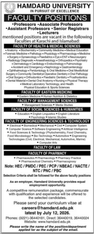 Hamdard University Karachi Jobs 2026