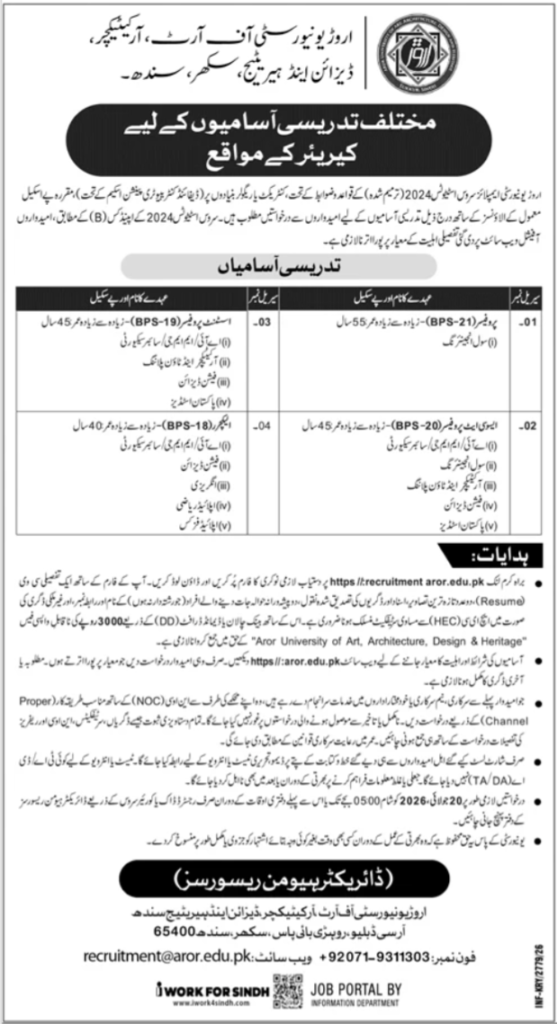 Aror University Jobs Urgent Vacancies 2026 Sukkur
