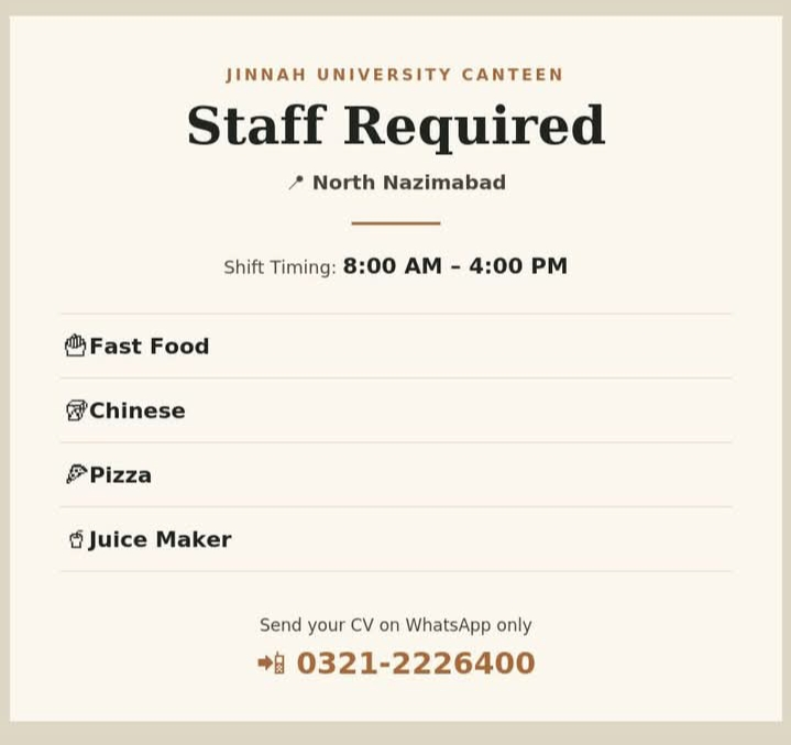 Jinnah University Canteen Jobs Best Urgent Staff Hiring