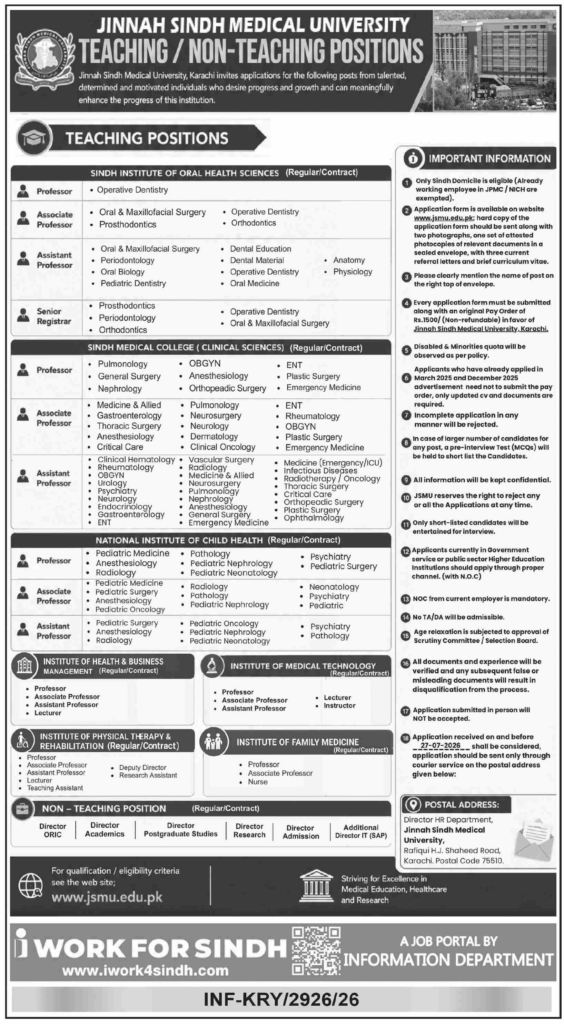 JSMU Karachi Jobs Latest Educational Openings