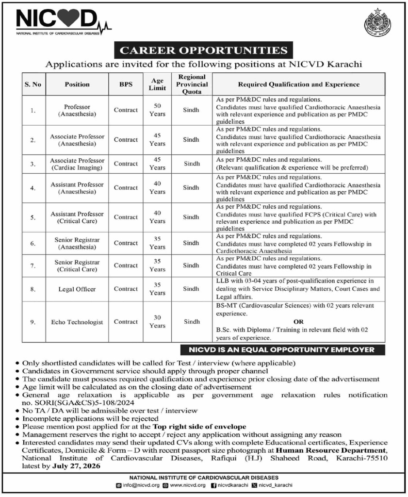 NICVD Karachi Jobs 2026 Urgent Hiring for Best Careers