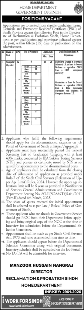 Home Department Karachi Job 2026
