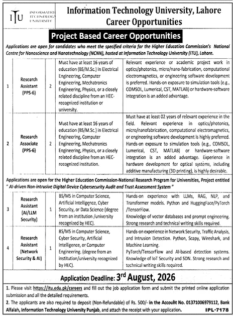 ITU Lahore Jobs Urgent Latest Education Posts