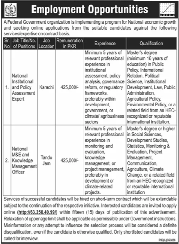 Federal Government Organization Tando Jam Jobs 2026