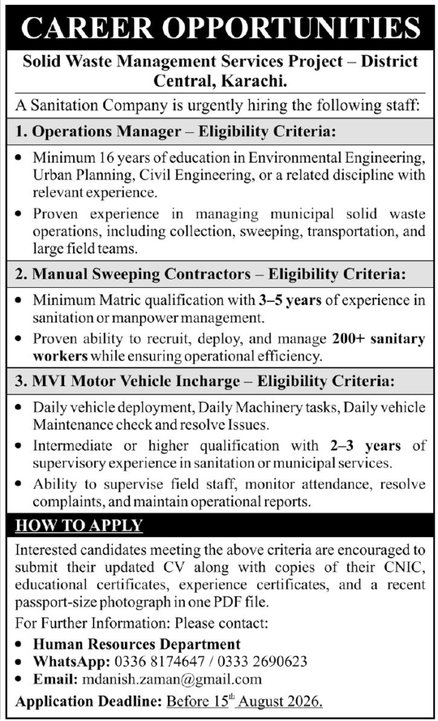Sanitation Company Karachi Jobs 2026