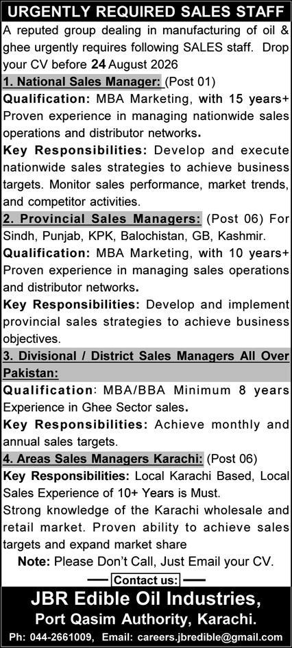 JBR Edible Oil Jobs: Best Latest PQA Management Careers